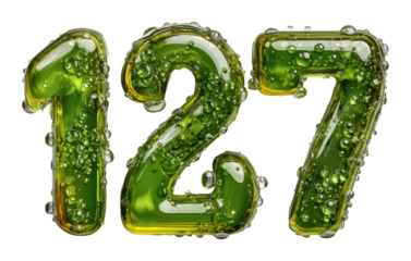 Bubbling green number 127 in water drops digital isolated on transparent background