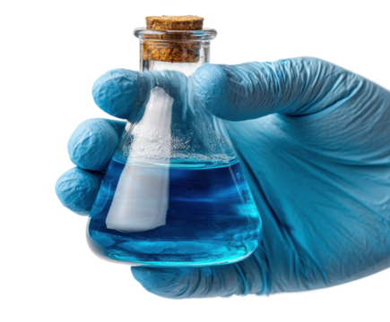Conducting chemical experiments with blue liquid in laboratory isolated on transparent background