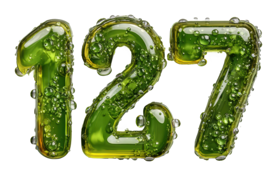 Bubbling green number 127 in water drops digital isolated on transparent background