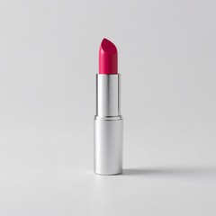 Colorful pink lipstick in silver tube on light grey background  