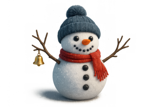 Snowman wearing blue hat and red scarf with bell on arm, celebrating christmas and winter holidays, transparent background - Powered by Adobe
