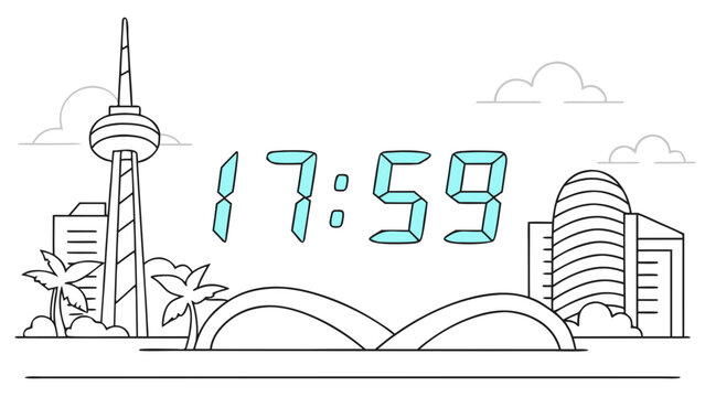 Minimalist Urban Skyline Illustration with Digital Clock Displaying 17:59 - Modern City Line Art Vector Background