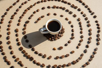 Coffee Cup Surrounded by Spiraling Roasted Coffee Beans Design