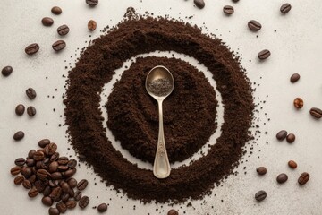 Coffee Grounds and Beans Arranged on Light Background with Spoon
