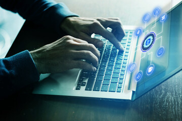 
Artificial Intelligence Technology Concept with Businessman Using Laptop and Digital Data Network Interface