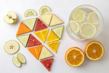Colorful Arrangement of Sliced Fruits and Refreshing Lemon Water