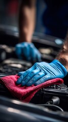 Obraz premium Mechanic cleaning car engine with blue gloves and red cloth
