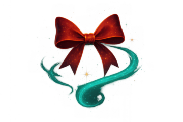 Red bow with sparkling teal swirl and floating particles, illustration for christmas, magic, and celebration themes
