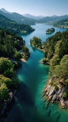 Fototapeta premium Serene Alpine Lake Amidst Verdant Forested Mountains Under a Clear Blue Sky With Sparkling Turquoise Waters and Rocky Shorelines