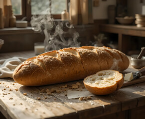 Freshly Baked Rustic Bread on a Wooden Table