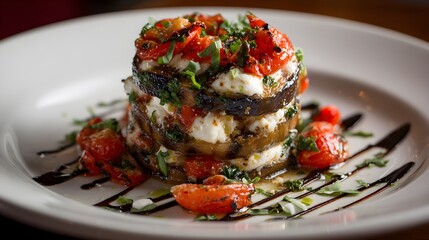 A vibrant stack of grilled eggplant, ripe tomatoes, and creamy mozzarella is delicately layered, garnished with fresh herbs. This colorful dish is a feast for the eyes and a delight for the palate.