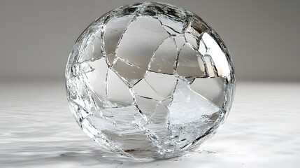 Shattered glass sphere on a light surface reflecting soft shadows in a minimal setting