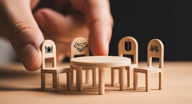 A hand arranging a crucial meeting between different stakeholders, representing government, business partnerships, environmental concerns, and potential risks