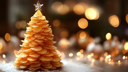 Creative potato chip Christmas tree decoration with sparkling lights in a festive setting