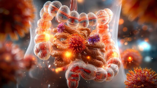 Gut Infection Illustration: Virus, Inflammation, Bacteria
