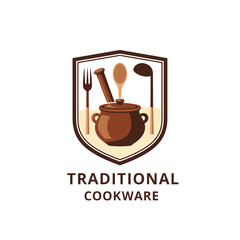 Traditional Cookware Pot Spoon Fork Shield Logo Vector