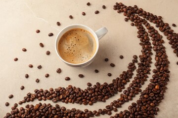 Freshly Brewed Coffee with Beans Artfully Arranged on a Table