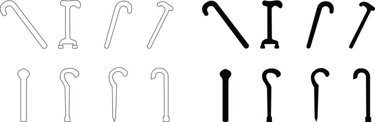 Diverse cane icon set, walking sticks, medical support aids, elderly assistance tools, inclusive mobility equipment, and accessibility symbols for healthcare and rehabilitation design, ergonomic grip,