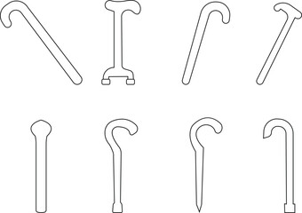 Diverse cane icon set, walking sticks, medical support aids, elderly assistance tools, inclusive mobility equipment, and accessibility symbols for healthcare and rehabilitation design, ergonomic grip,