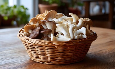 Basket full of mixed oyster mushrooms.