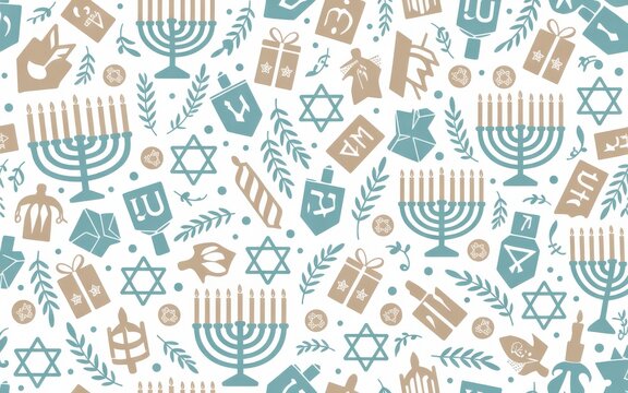 Seamless hanukkah pattern with menorah, dreidel, star of david on white background