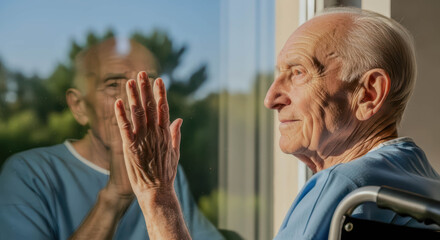 Elderly man touching glass, a reflection of another person on the window. Concept of separation and isolation, medical care and social distancing.