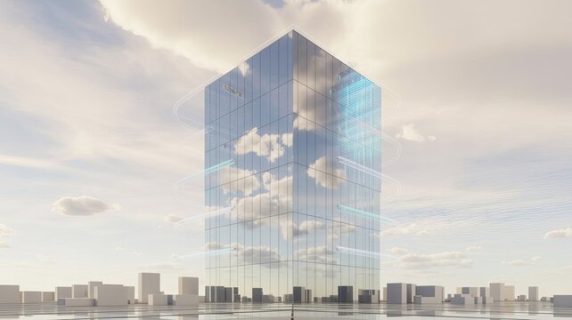 Modern Skyscraper and Reflections: A sleek, contemporary skyscraper towers against a backdrop of sky, its mirrored façade reflecting the clouds and the cityscape below. - Powered by Adobe