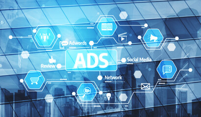 Visual representation of digital marketing with advertisements, social media icons, and network...