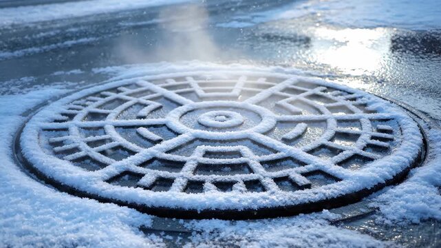 Vertical video of a snow-covered manhole cover steaming on a cold winter day. Close-up of hot vapor rising from a city sewer on a frozen street. Urban infrastructure concept