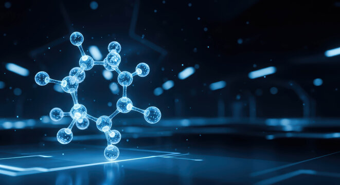 Abstract molecule structure with glowing atoms on dark background. Science and medicine concept for research and innovation in biology and chemistry.
