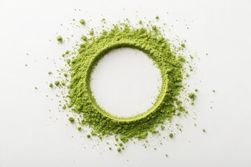 Green Matcha Powder Circle on White Background for Culinary Use