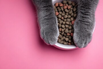 A gray cat paws reaching into a white bowl of dry food on a pink background, viewed from above.