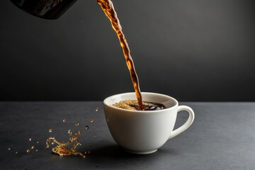 Fresh Brewed Coffee Pouring Into White Mug Against Dark Background