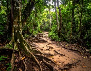 Fototapeta premium Path through lush green jungle, surrounded by dense trees and foliage