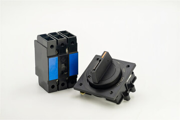 Main circuit breaker with manual switch designed for electrical power control, isolated on white background.