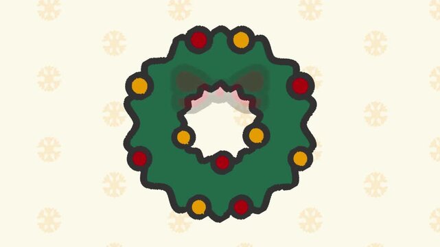 Christmas wreath with red bow decoration, golden and red ornaments while snow as the background footage.