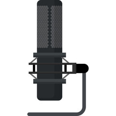 A Black Studio Condenser Microphone with a Shock Mount on a Stand Isolated on a Transparent White Background
