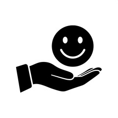 Graphic illustration of a hand presenting a smiling emoji, representing happiness, positive emotions, excellent customer service, and satisfaction feedback