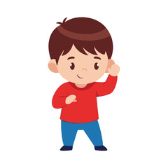 Obraz premium A cartoon boy in a red shirt gestures towards his ear.
