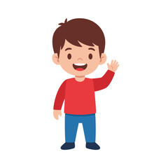 Obraz premium Cartoon illustration of a happy boy with brown hair waving his hand, wearing a red shirt and blue pants.