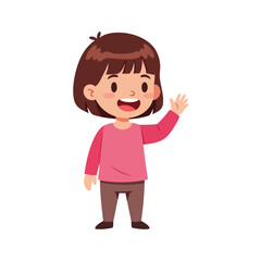Fototapeta premium Cartoon illustration of a young girl with brown hair smiling and waving her hand.