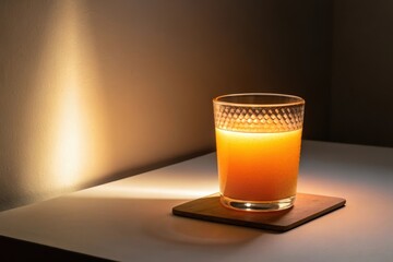 Fresh Orange Juice in a Glass on a Table with Soft Lighting Effect