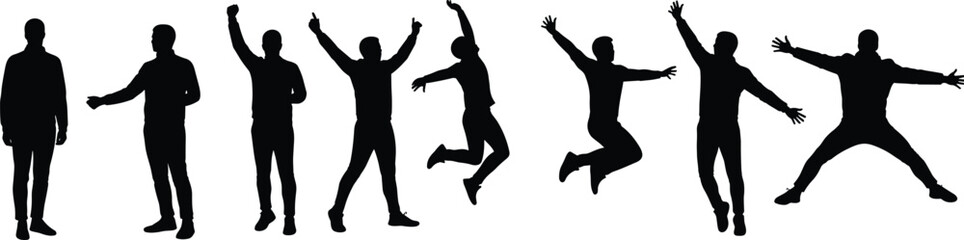 Silhouette, human, figure, standing, jumping, dancing, celebrating, movement, energy, freedom, expression, posture, gesture, evolution, transformation, active, dynamic, body