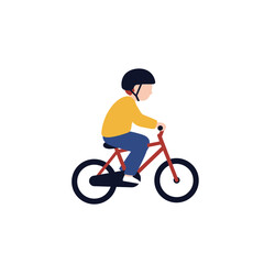Fototapeta premium A young person rides a bicycle wearing a safety helmet, isolated on white.