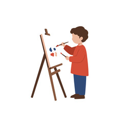 A young person is painting on a canvas, using brushes and paints.