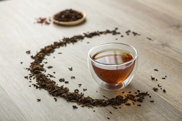 Tea in Clear Glass Cup Surrounded by Loose Tea Leaves on Wood