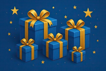 An ultra-realistic 3D render of elegant blue gift boxes wrapped with shiny golden rib