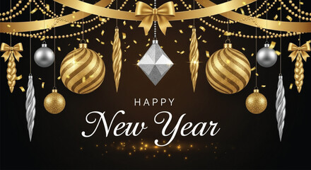 A festive illustration showcasing a Happy New Year celebration with golden ornaments, ribbons, and decorations against a dark background, creating an elegant and joyful mood.