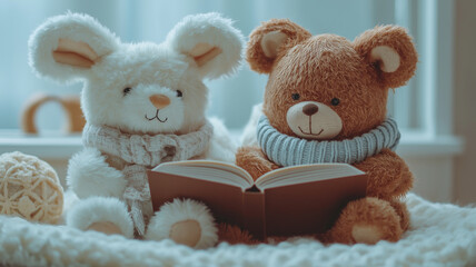 Fototapeta premium 冬の室内でぬいぐるみが本を読む温かな光景、雪降る窓辺と優しい毛布に包まれたクマとウサギの可愛い物語風イラスト、冬の読書、暖炉、癒し、ほっこり、かわいい
