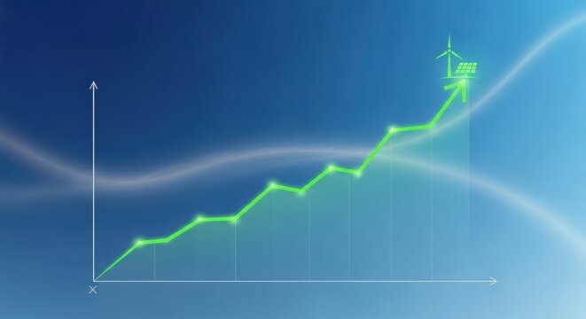 Green energy growth chart with wind turbine icon on blue background, illustrating the rise of renewable energy and sustainable development - Powered by Adobe